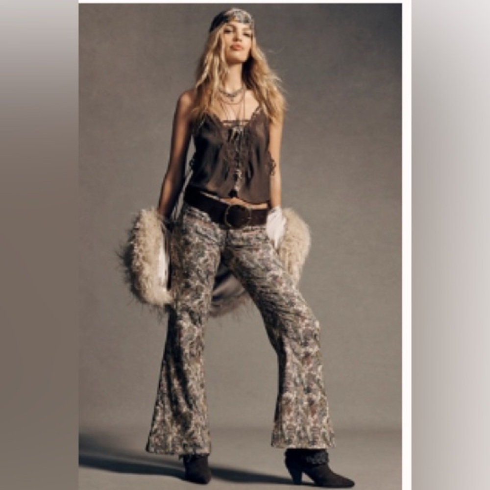 Free People Aster Jacquard Flares Low Rise Boho 70s Flare Pants Size 6 NWT
